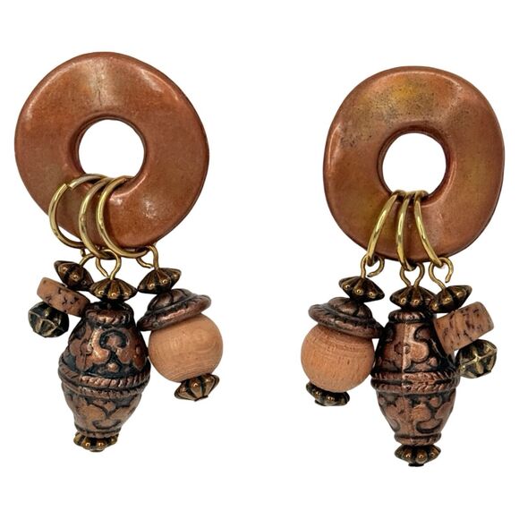 Vintage Copper Tone Bohemian Dangle Earrings 2" Beaded Boho Chic Hippie Ethnic - Picture 1 of 9